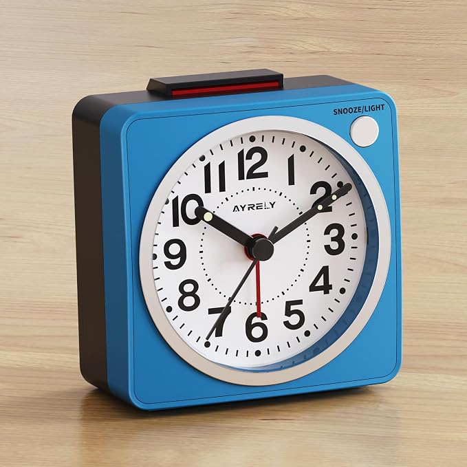 AYRELY® 2.6" × 1.4" Ultra Small Battery Operated Analog Travel Alarm Clock | Silent Non-Ticking Retro Bedside Table Clock with Snooze, Light and Easy Top Alarm Switch for Travel and Bedrooms (Blue)