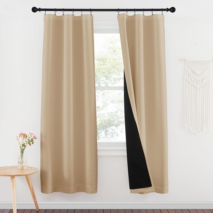 NICETOWN 100% Blackout Window Curtains, Rod Pocket Full Light Blocking Drapes with Black Liner for Nursery, 72 inches Drop Thermal Insulated Draperies (Biscotti Beige, 2 PCs, 37 inches Wide Per Panel)