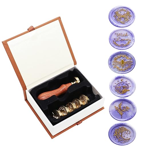 SWANGSA Wax Seal Stamp Set, Vintage 6 Pieces Sealing Wax Stamp Heads and 1 Wooden Handle for Wedding Party Invitations, Letters, Envelopes, Christmas (with Love Bee Moon Eucalyptus Set)