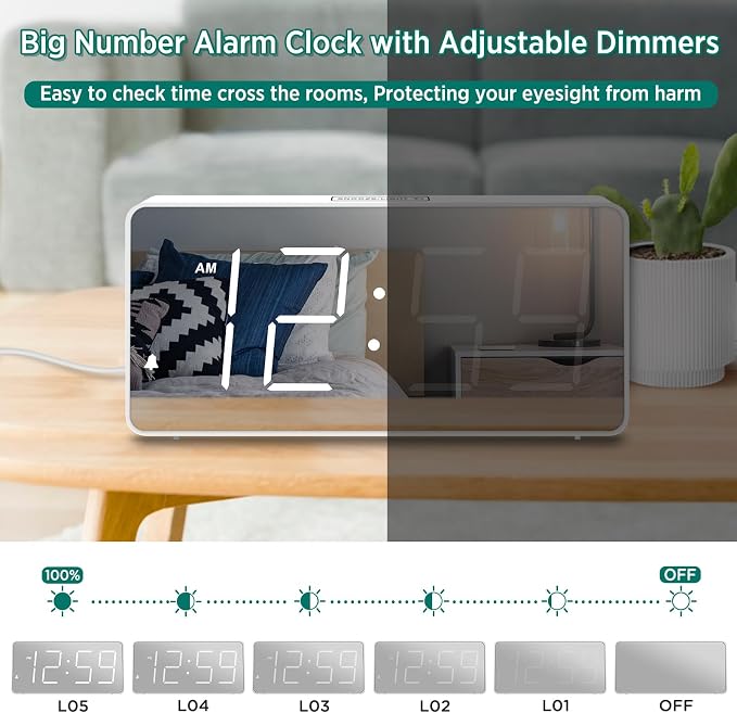 Peakeep Digital Alarm Clock for Bedrooms Bedside, Loud for Heavy Sleepers | Electric Alarm Clock Battery Backup Powered, Mirror Face, Large Numbers 6 Dimmers for Seniors