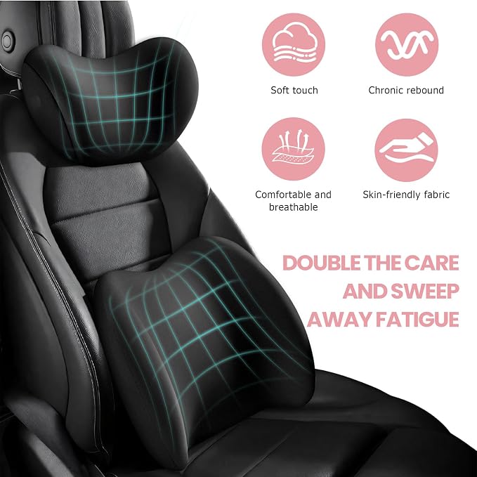 2 PCS Car Headrest & Lumbar Support Cushion, Ergonomic Memory Foam Lumbar Pillow Neck Rest Cushion, Breathable Back Pillow & Headrest Support for Driving Seat, Car Accessories (Black)