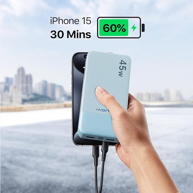 JUOVI Power Bank 45W 20000mAh Portable Charger USB C, PD QC Fast Charging 4-Port(2C+2A) External Battery Pack with LED Display, for iPhone 15 16 MacBook ipad