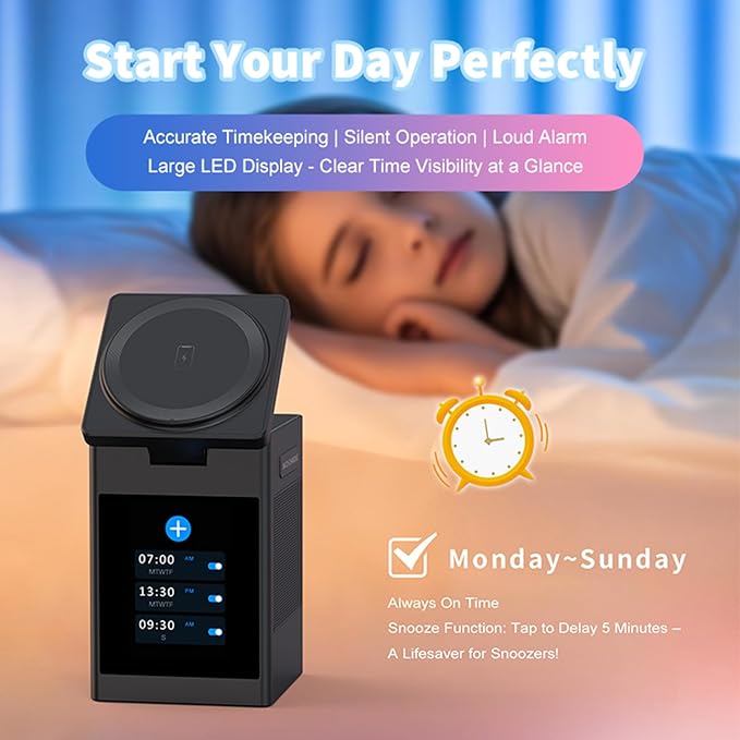 Vivilumens 7-in-1 Wireless Charging Station with Bluetooth Speaker Alarm Clock, LCD Touch Screen, Multifunctional 3 in 1 Wireless Charger, 18W Fasting Charging, Gifts for Men Teenage Boys