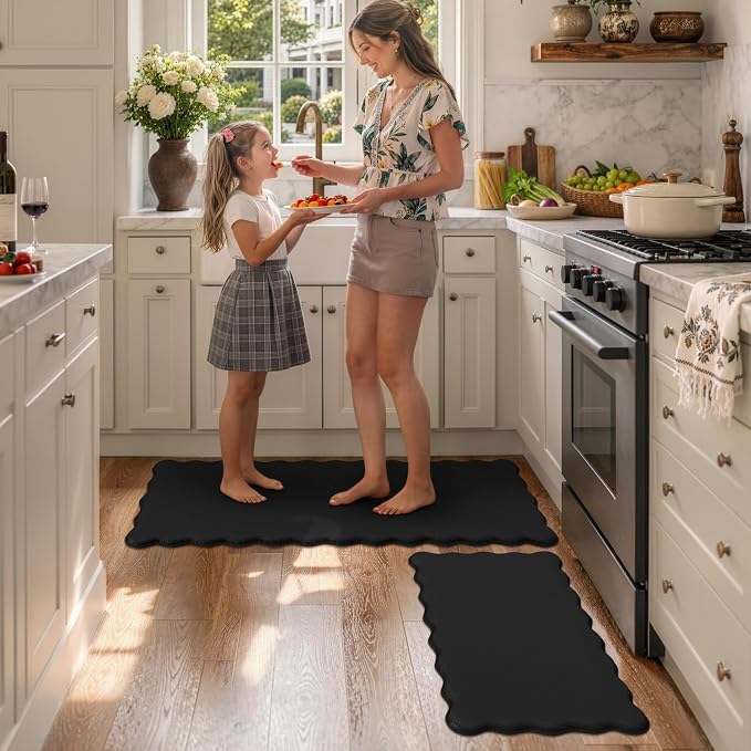 KIMODE Scalloped Kitchen Mats for Floor Cushioned Anti Fatigue Black Wavy | Paded Kitchen Floor Mat Non Slip,Farmhouse Kitchen Rugs Sink Sets of 2 Comfort Memory Foam Carpet for Office Laundry Dorm RV