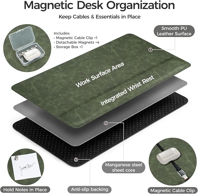 Magnetic Desk Mat System with Wrist Support 80×40cm, Premium Leather Desk Pad with Magnetic Accessories, Waterproof Non-Slip Desk Organizer for Office & Gaming