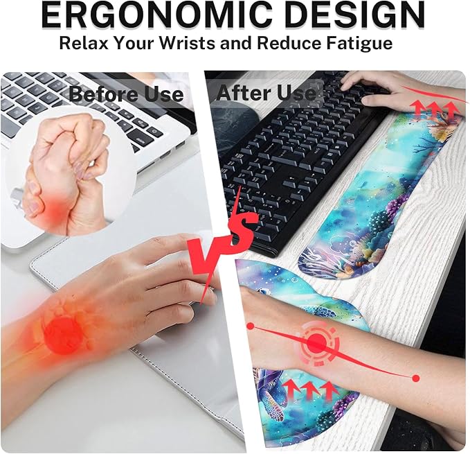 Britimes Sea Turtle Coral Reef Sea World Ergonomic Mouse Pad Set with Wrist Rest Non-Slip Rubber Base Wrist Cushion Support and Coasters Mousepad with Wrist Support for Computer Keyboard and Desk