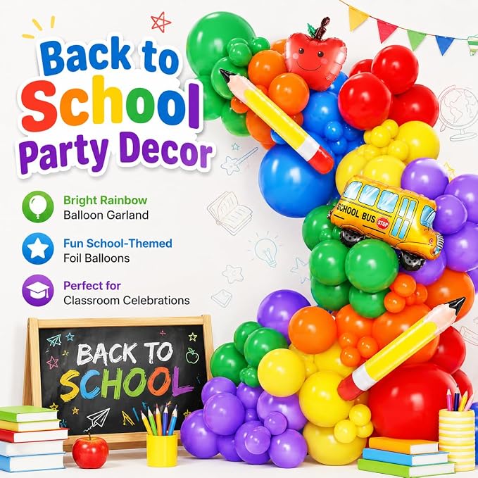152Pcs Back to School Balloon Arch Garland Kit, Rainbow Latex Balloons and School Bus Apple Pencil Foil Balloon for Classroom Kindergarten Party Decorations, Back to School Event Supplies
