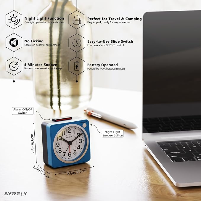 AYRELY® 2.6" × 1.4" Ultra Small Battery Operated Analog Travel Alarm Clock | Silent Non-Ticking Retro Bedside Table Clock with Snooze, Light and Easy Top Alarm Switch for Travel and Bedrooms (Blue)