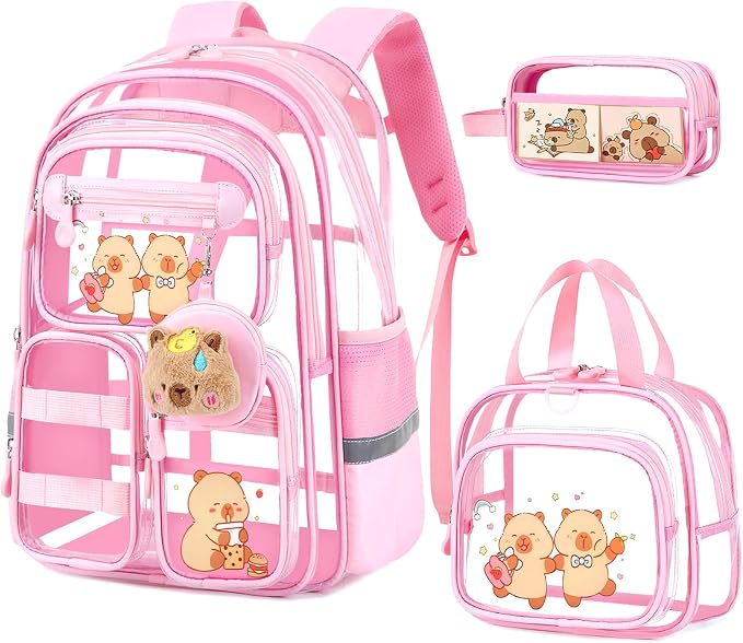 Capybara Theme Clear Backpack,Heavy Duty Transparent Backpack for Girls with Lunch Box Pencil Case,See Through Bookbag for Kids Teens Elementary Middle High School Stadium Approved