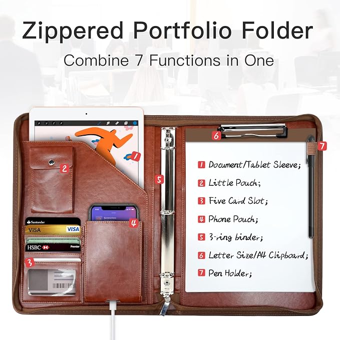 Zippered Portfolio Organizer, WRIYES Leather Padfolio with 3 Ring Binder, Professional Business Binder, Organizer for IPad/Document, Phone & Business Cards, Office Gifts for Men or Women (Brown)