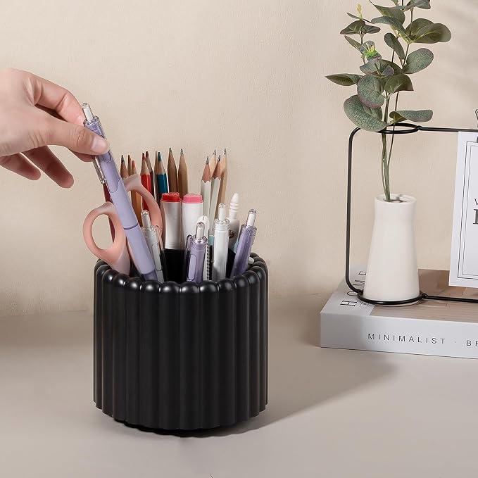 360° Rotating Pen Holder for Desk Removable Pencil Organizer, Black | 7 Slots Pen Cup Cute Office Supplies and Accessories Plastic Desktop Storage Box Art Caddy for School, Work, Home