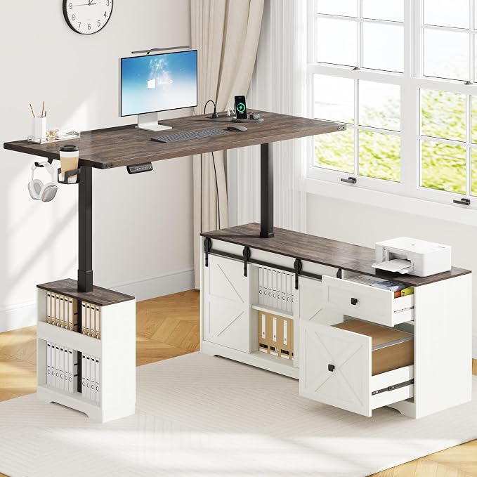 St.Mandyu L Shaped Electric Standing Desk 63" White with Power & Storage | File drawer, sliding door cabinet, cup holder, height adjustable, sturdy wood frame, home office for work/study/writing