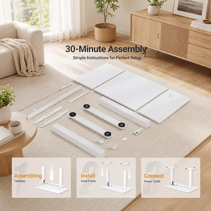 Claiks Electric Standing Desk, 48x24 Inch, White | Adjustable height for sit-stand, 156lbs capacity, scratch-resistant surface, 3 memory presets, cable management & hook.