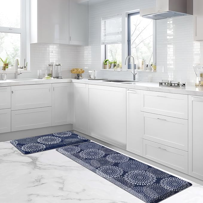 LuxStep Kitchen Mats for Floor,0.47 inch Thicker Cushioned Rug Anti-Fatigue Mats for Kitchen Decor Accessories,Waterproof Non-Slip Mats and Rugs Set for Office,Laundry 17.3"×29"+17.3"×60",Blue