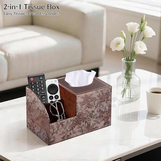 Square Tissue Box Cover with Storage, PU Leather Facial Cube Tissue Holder | TV Remote Control Holder, Desk Accessories Nightstand Organizer, Modern Table Caddy for Bathroom, Bedroom, Home, Office Decor