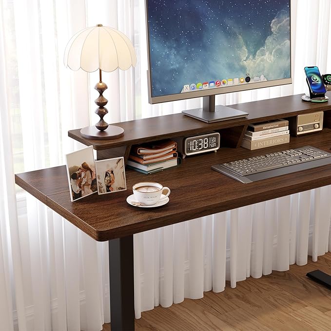 55 x 24 Inches Electric Standing Up Desk with Monitor Shelves,Height Adjustable Computer Desk from 28-46''with Memory Controller,Modern Home Office Desk for Work,Study,Walnut