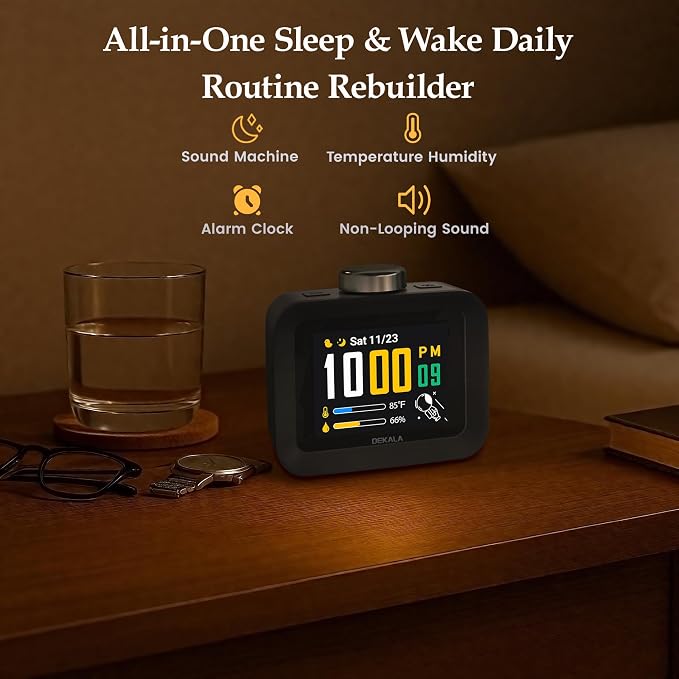 Dekala AuraDot 7-Day Programmable Alarm Clock for Bedroom, 4 Independent Max 98db Loud Alarm for Heavy Sleepers, Temperature Humidity Monitor, 30 Non-Loop Soothing White Noise Sound Machine, Black
