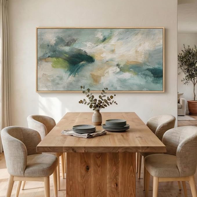 Extra Large Framed Sage Green Abstract Wall Art for Living Room, Modern Teal Horizontal Canvas Prints Paintings Artwork for Walls, Oversized Pictures Wall Decor for Bedroom Dining Room Office 36x72 In