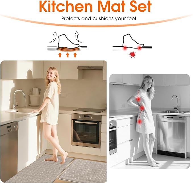 TranquilRelax Kitchen Mats, 2PCS Kitchen Rugs, Cushioned Anti Fatigue Kitchen Mats for Floor, Non-Slip Standing Desk Mat, Waterproof Kitchen Rug Set for Kitchen Floor Office,17.3"×30"+17.3"×59" Brown