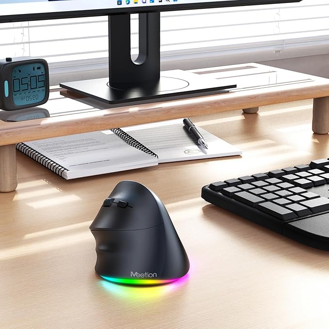 MEETION Left-Handed Ergonomic Mouse, Wireless Vertical RGB Rechargeable Mouse, Bluetooth(5.2 + 3.0) & USB, 4 Adjustable DPI Mice for Mac/Windows/PC/Tablet/iPad Black