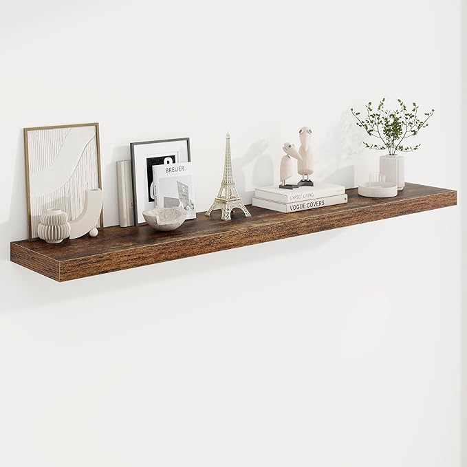 55in Floating Shelves for Wall, 55"W x 9.25"D x 1.5"H, Long Wall Mounted Engineered Wood Shelves with Invisible Brackets for Living Room, Bedroom, Bathroom, Kitchen Decor and Storage, Rustic Brown