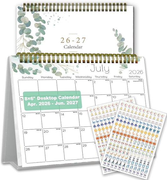 Small Desk Calendar 2026-2027 - Standing 2026 Desk Calendar, APR.2026 to JUN.2027, 8" x 6", Monthly Flip Desktop Calendar with Stickers, Your Personal Desk Planner for Home Office
