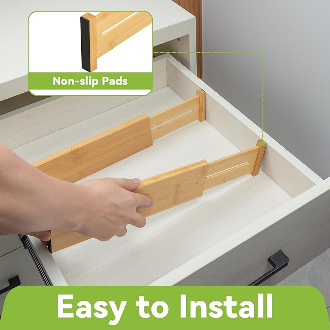 Utoplike Bamboo Dresser Drawer Dividers, Expandable Organizer for Clothing | Adjustable 3.2" High Drawers Separators for Kitchen, Bathroom, Bedroom, Office Storage, 4Pcs, Fit 13.5"-16" Inner Drawer