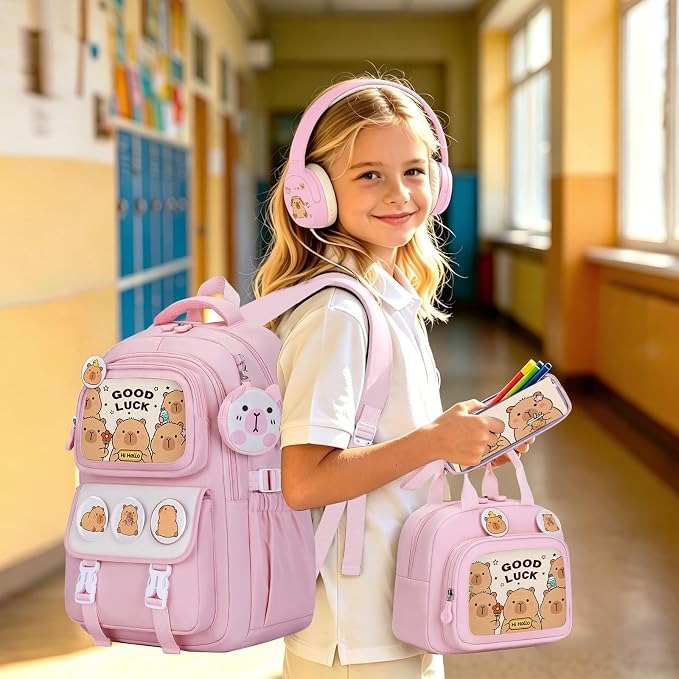 Capybara Backpack for Girls with Headphones - 4PCS Girls Backpack for Kindergarten Elementary Middle High School Travel - 3.5mm Wired Headphones Backpacks Back to School Gift(Pink)