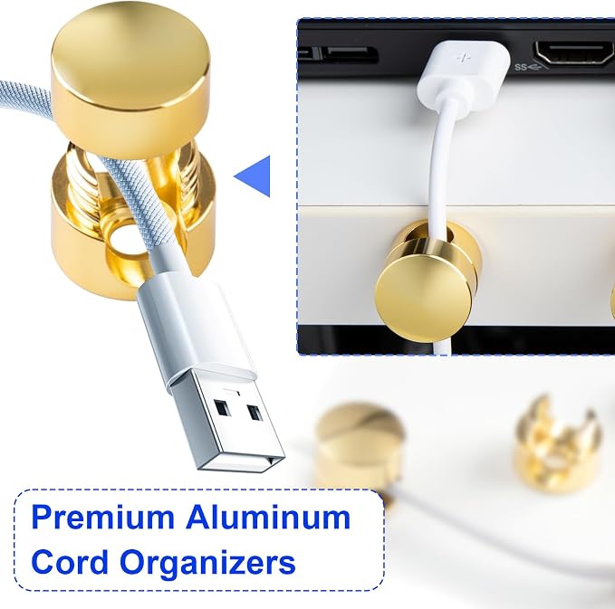 SmallCat 5 Sets Charger Holders for Cords, Gold Adjustable Cable Anchor Holders, Adhesive Metal Cord Clips, Cable Management Wire Organizers for Desk, Office, Nightstand