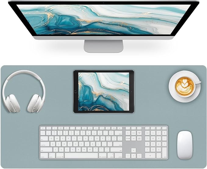 Large Desk Pad Mat, Leather Blue Desk Mat for Desktop, Computer Desk Mouse Pad Non-Slip, Waterproof Keyboard Mat for Office/Home/Decor, 23.6" x 13.7"