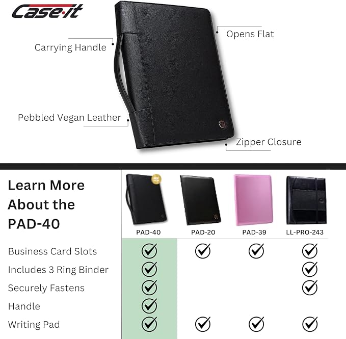 Case-It Executive Zippered Padfolio with Removable 3-Ring Binder and Letter Size Writing Pad, Black (6 Pack)
