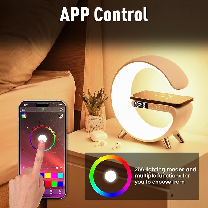 4 In 1 Smart LED Table Lamp, Alarm Clock, Wireless Charger, Night Light, Bluetooth Speaker with App Control, Bedside Lamp for Bedroom, Office, Home Decor, Family, Girls Boys Birthday Festival Gifts