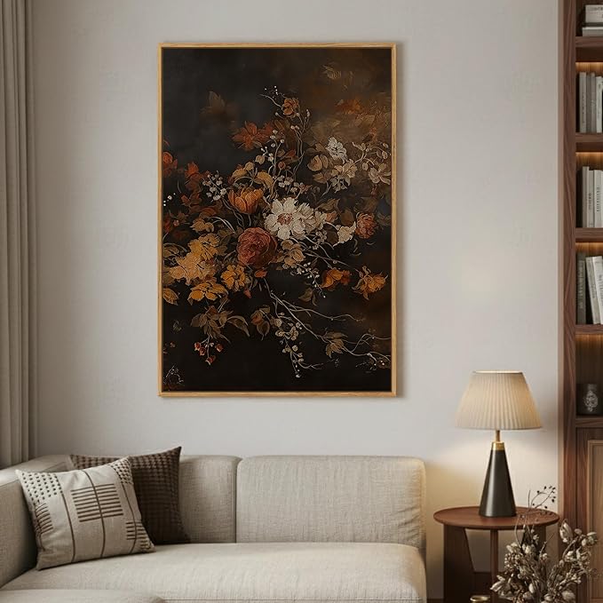 Framed Vintage Floral Wall Art for Room Decor, Retro Dark Moody Flower Canvas Artwork for Walls, Vertical Antique Botanical Painting Print for Living Room Bedroom Hallway Office Wall Decor, 24x36 Inch