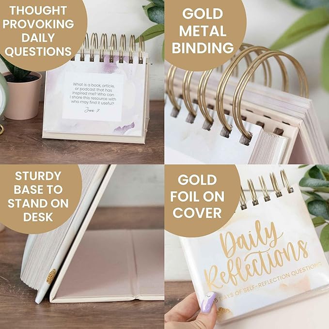 bloom daily planners Undated Perpetual Desk Easel - Motivational Inspirational Standing Flip Calendar - Page a Day (5.25" x 5.5") - Daily Mindfulness Reflection Questions