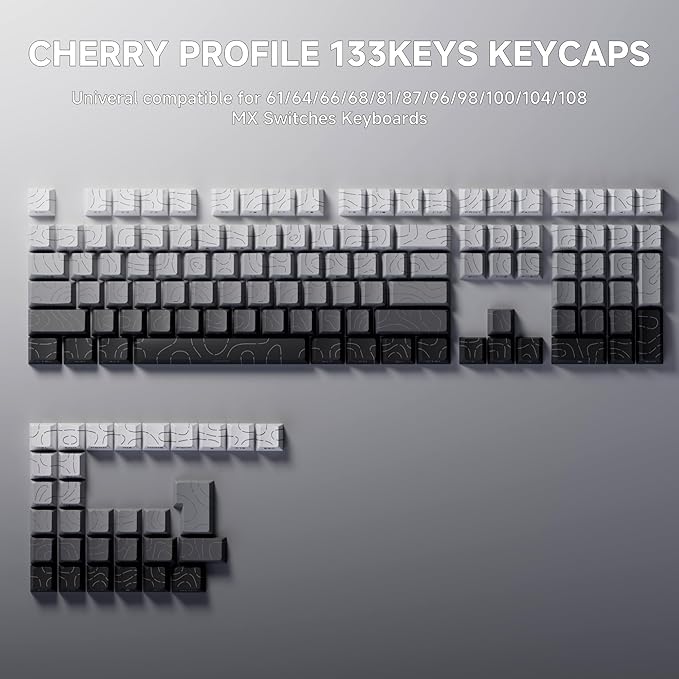 FunHub Shine Through PBT Keycaps - Black Double Shot Side Printed Backlit Keycaps Set 133 Keys 60% 65% 75% 100% Cherry Profile,Gradient Topographic Custom Key Caps for MX Switch Gaming Keyboards