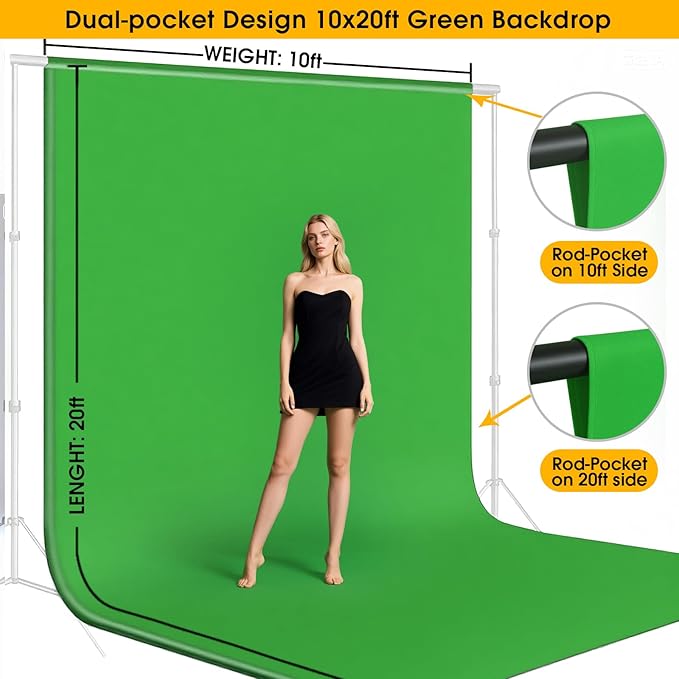 CPLIRIS 10x20ft Green Screen Backdrop for Photography, Dual-Size Dual-Pocket Design Chromakey Background for Photoshoot, Game Steaming, Zoom Meeting with Both Options of 10 ft and 20 ft in Width