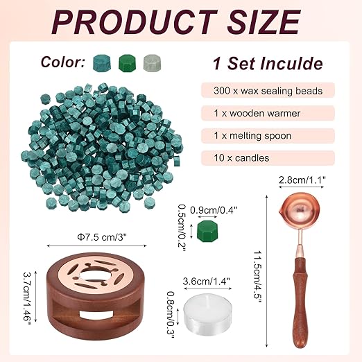 PATIKIL Wax Seal Kit, 300 Pcs Wax Sealing Beads, Wooden Warmer, Melted Spoon, 10 Pcs Tealight Candles for Envelope Letter Mailing Crafts DIY, Pine Green/Duck Green/Green Silver