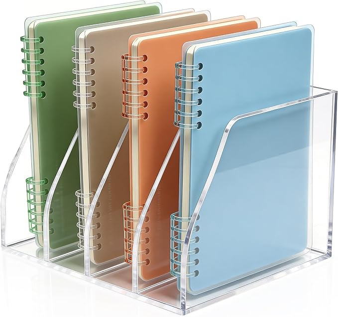 Clear Acrylic Magazine File Holder, 4 Compartment Desk Organizer | 4 spacious vertical compartments hold magazines, files, books & more. 5mm thick clear acrylic, non-slip base. No assembly.