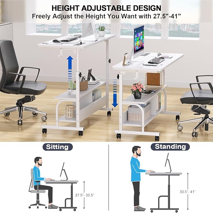 Armocity Rolling Standing Desk with Charging Station, Portable Height Adjustable Mobile Computer Desk with Wheels & 2-Tier Shelves & Hooks, Easy Assembly Laptop Table for Couch Bed, 47" White
