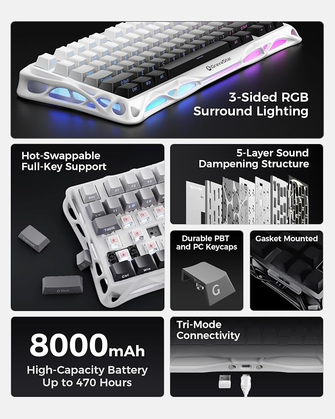 GravaStar Mercury K1 75% Wireless Mechanical Gaming Keyboard, Aluminum Alloy Exoskeleton Design, Gasket Custom Keyboard Hot-Swap Socket, Linear Switches, RGB Backlit【Gradient White】