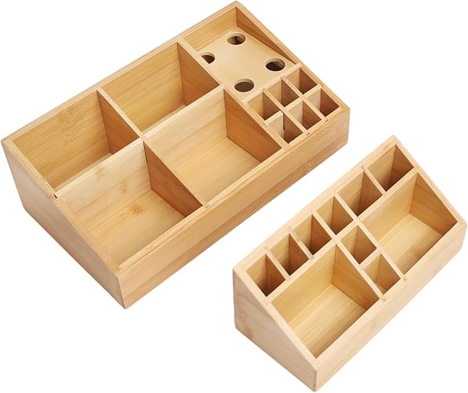 2 Pack Bamboo Art Supply Organizer | Wooden Desktop Storage, For Artists, Office Supplies, Makeup Brushes, Minimalist Desk Accessory