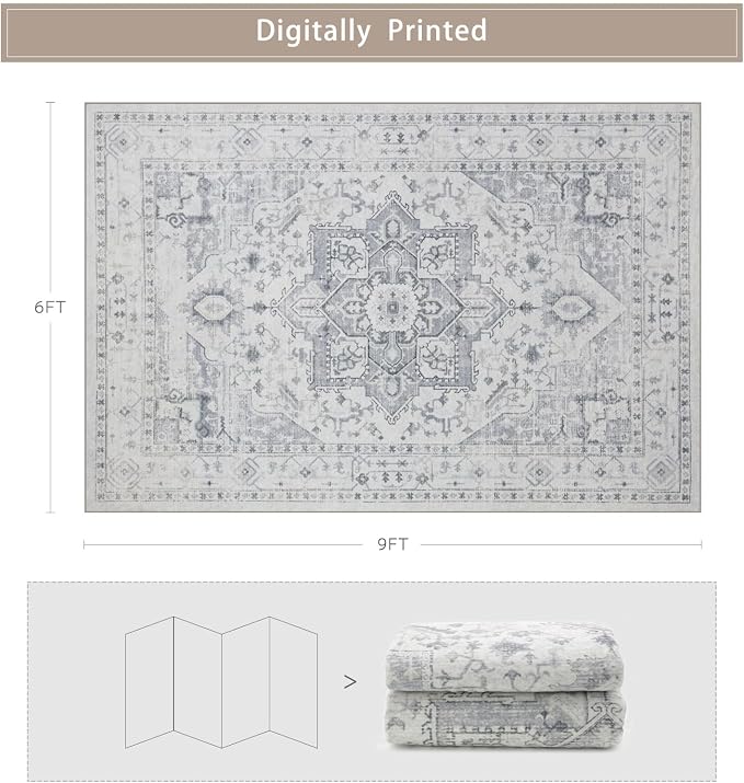 Srugn Area Rug 6x9 Washable Area Rugs for Living Room- Ultra Soft Non-Shedding Faux Wool Bedroom Rug Large Grey Vintage Print Rugs with Non Slip Rubber- Indoor Retro Foldable Carpet for Dining Room