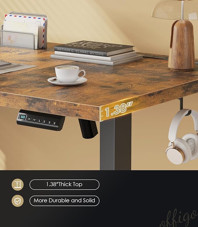 OffiGo 71" Executive Electric Standing Desk Height Adjustable, Rustic Brown | 1.38" Thick 3-Panel Desktop, Power Outlets, 3 Memory Presets, Dual-Beam Frame for Home Office, Workstation, Conference Room