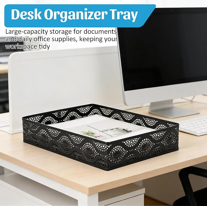 Desk Paper Tray Organizer, Metal Mesh Storage Basket for Office Home | Desktop Decorate Trays Organizing, Large Storage Basket for Office Supplies Mail File Print A4 Paper, Black, Pattern 1#