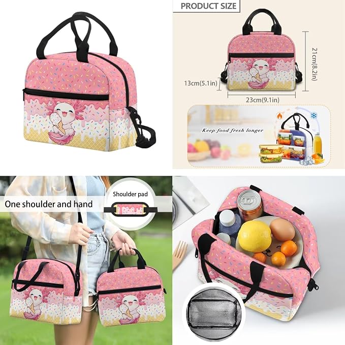 ZFRXIGN Ice Cream Axolotl Kids Backpack for Girls Bookbag with Cute Pendant 17inch Elementary School Bag and Insulated Lunch Box Portable Pencil Case Pink