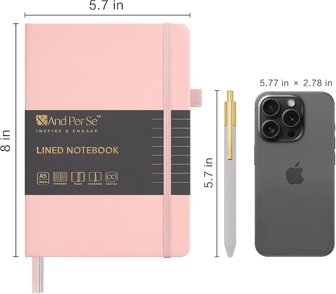 &And Per Se Lined Journal and Pen Set, A5 Leather Hardcover Notebook with Pen & Stationary Set, 160 Pages 100GSM Thick Ruled Paper Journal for Business Work Writing (Pink)