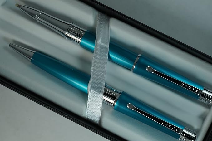 AT CROSS Cross Collection Beverly Pearlescent Teal Lacquer with signature pronounced center Band Selectip Rollerball Pen and Ballpoint Set.A great wedding, birthday, graduation & Christmas gift