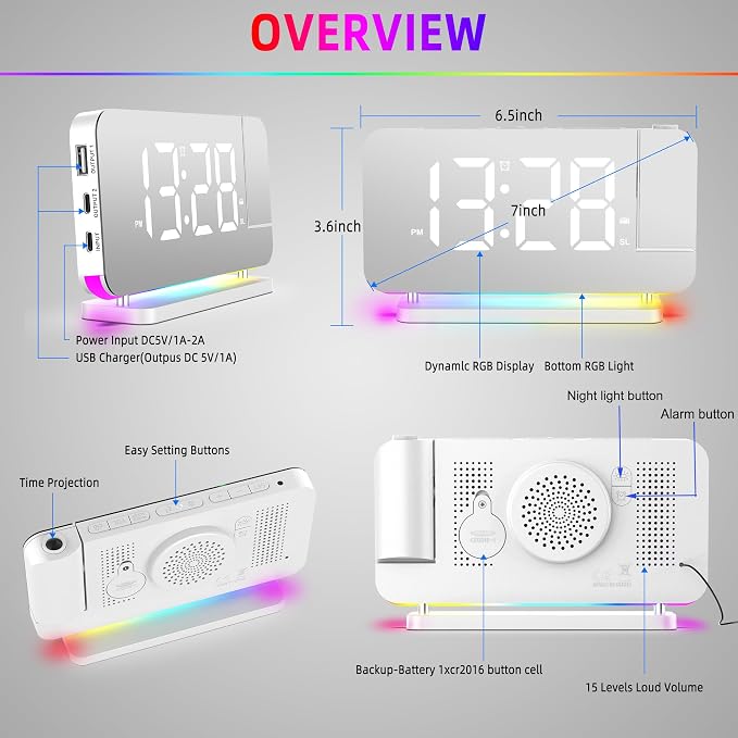 Projection Alarm Clock for Bedroom Ceiling,RGB Digital Clocks with 10 | Colors RGB Night Light,Loud Alarm Clock for Heavy Sleepers,USB C Charger Port,Snooze,12/24H,Auto Dimming