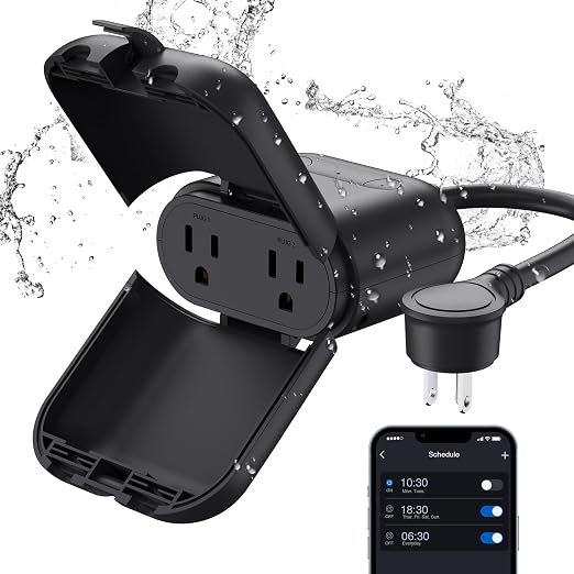 ELEGRP PQR20 Outdoor Smart Plug Waterproof IP66, WiFi Plug with 2 Individually Sockets, Compatible with Alexa & Google Assistant, Smart Outdoor Outlet for String Lights, UL Certified, 1 Pack, Black