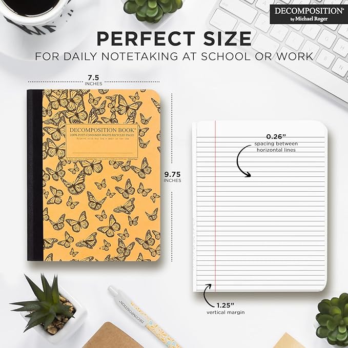 Decomposition Monarch Migration College Ruled Composition Notebook - 9.75 x 7.5 Journal with 160 Lined Pages - Cute Notebooks for School Supplies, Home & Office - 100% Recycled Paper - Made in USA